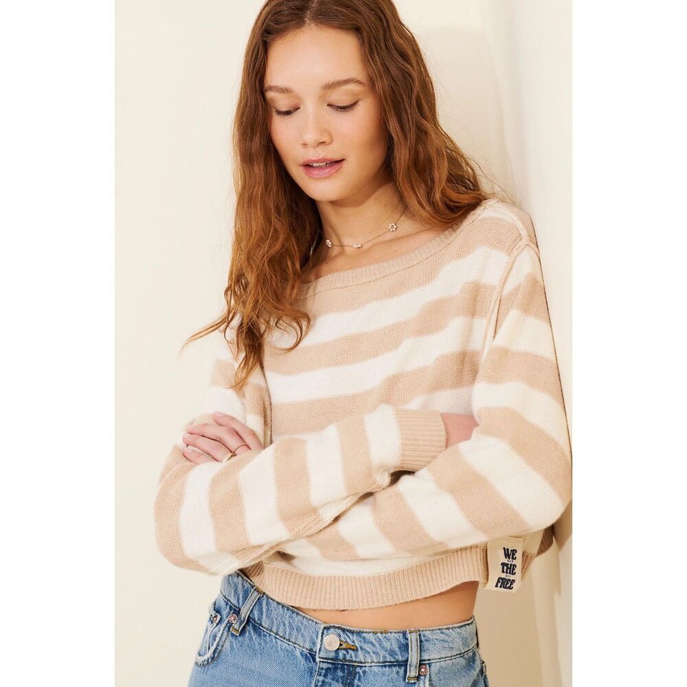 Free People Striped Into The Blue Crop Pullover Sweater Size XS NWT $108